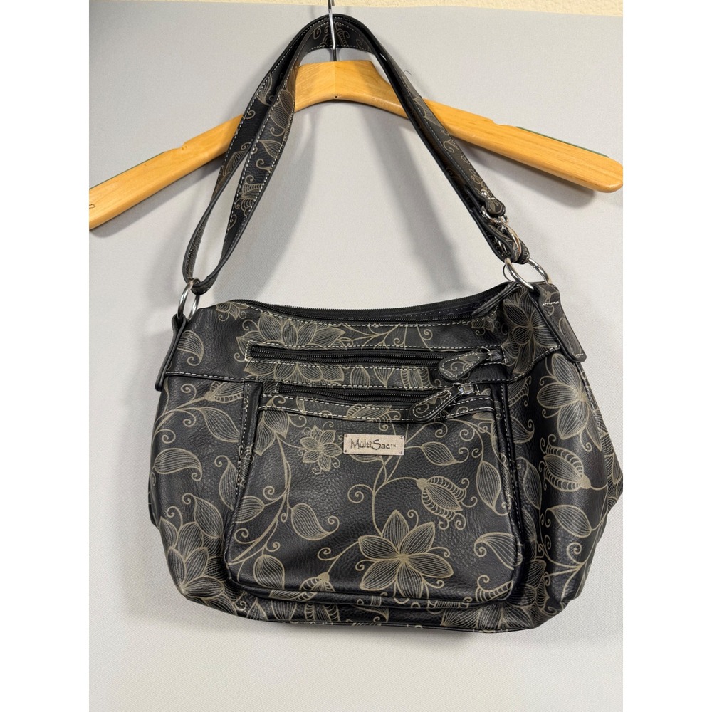 MultiSac Black Floral Paisley Shoulder Bag Faux Leather Multi Pocket Hobo Purse